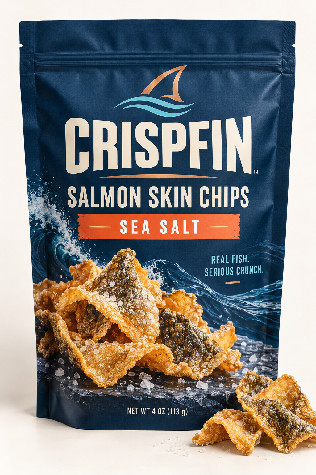 CRISPFIN Sea Salt salmon skin chips pouch concept